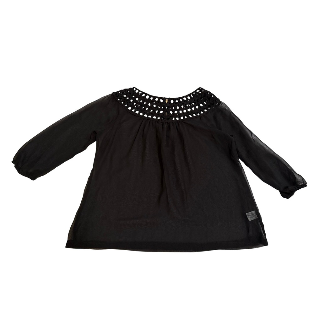 Umgee Blouse Women Large Black Crochet Neck Sheer Boho 3/4 Sleeve Chiffon Flowy